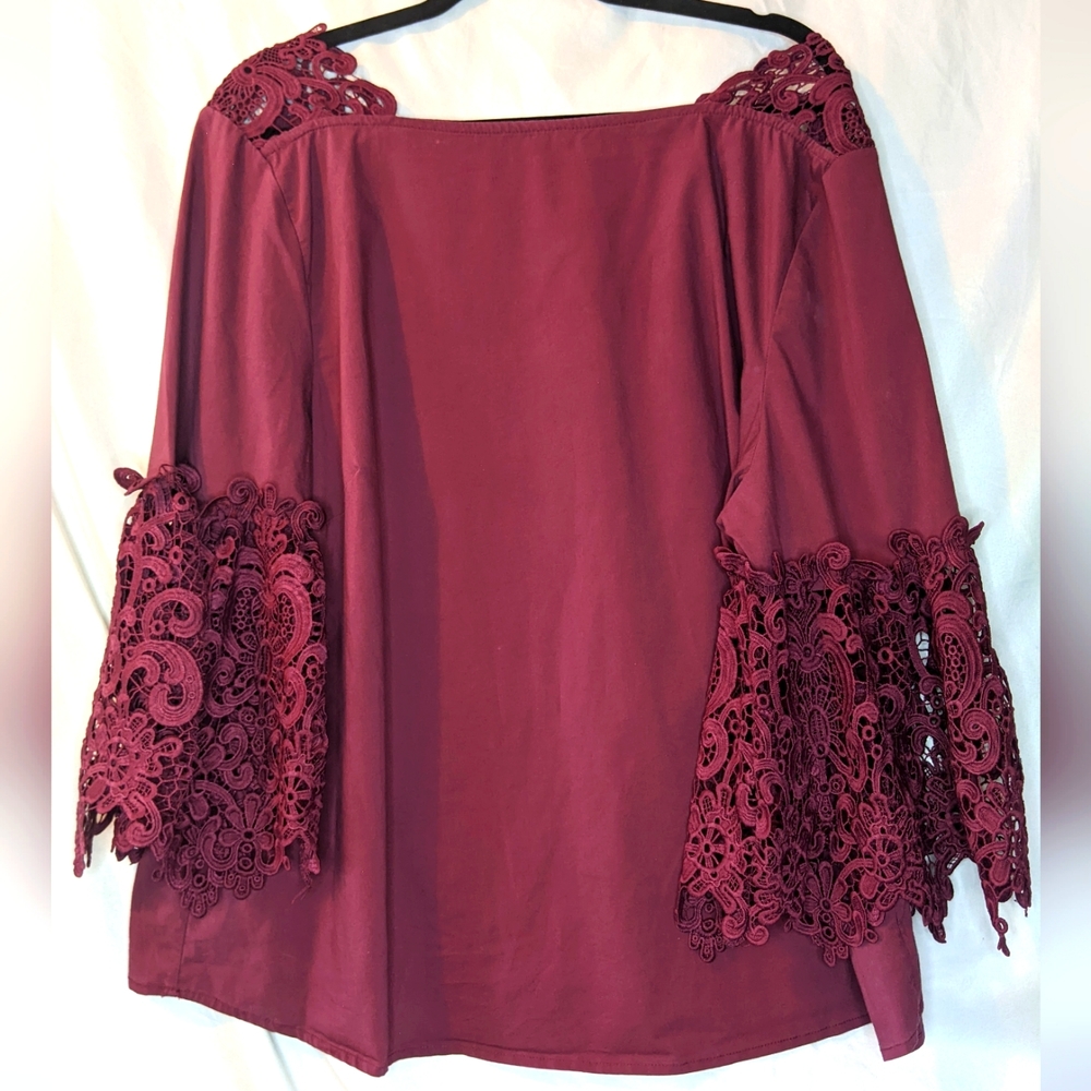 Marled Crochet Bell Fluted Sleeve Burgundy Blouse, 1X